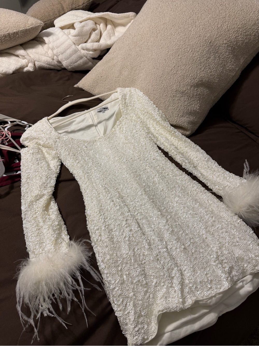 Fashion Nova White Sequin Long Sleeve Dress with Feather Cuffs
